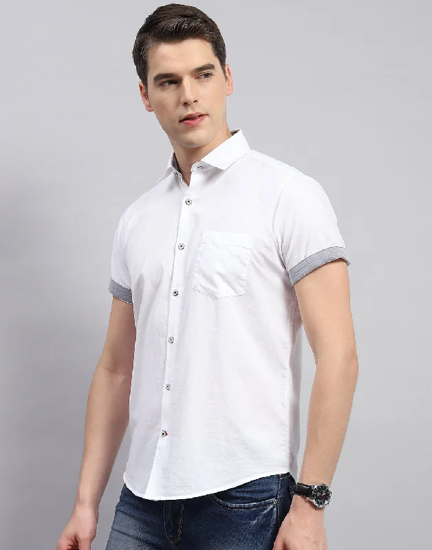 Men White Solid Collar Neck Half Sleeve Shirt