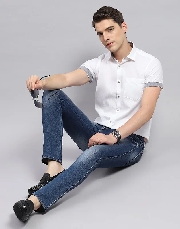 Men White Solid Collar Neck Half Sleeve Shirt