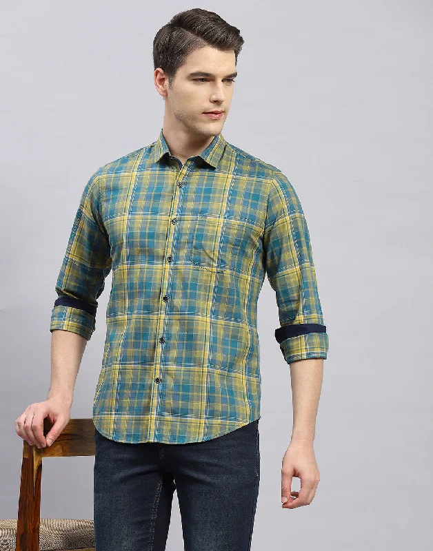 Men Yellow Check Collar Full Sleeve Shirt