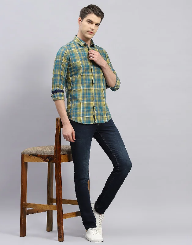 Men Yellow Check Collar Full Sleeve Shirt