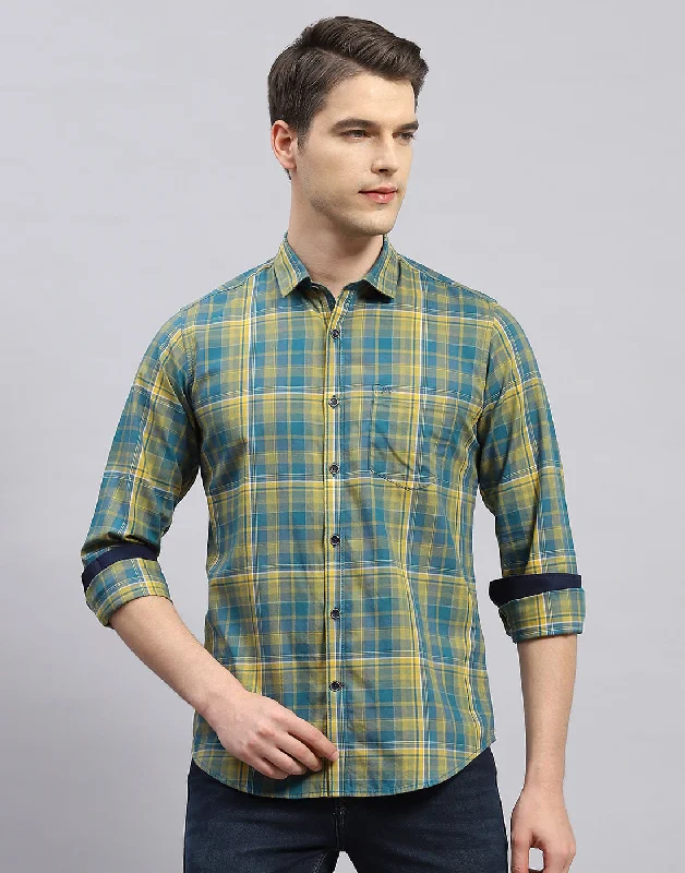 Men Yellow Check Collar Full Sleeve Shirt