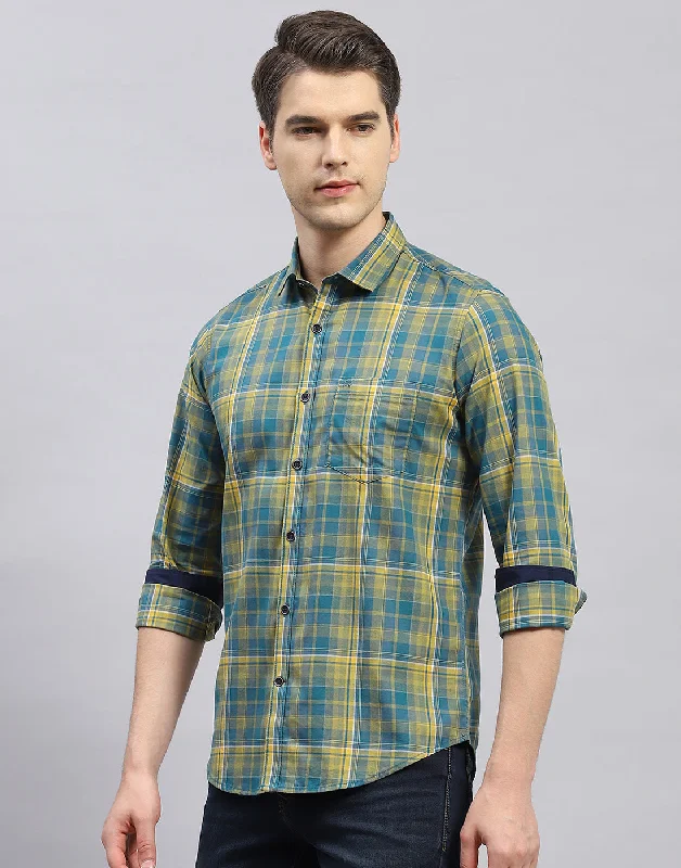 Men Yellow Check Collar Full Sleeve Shirt