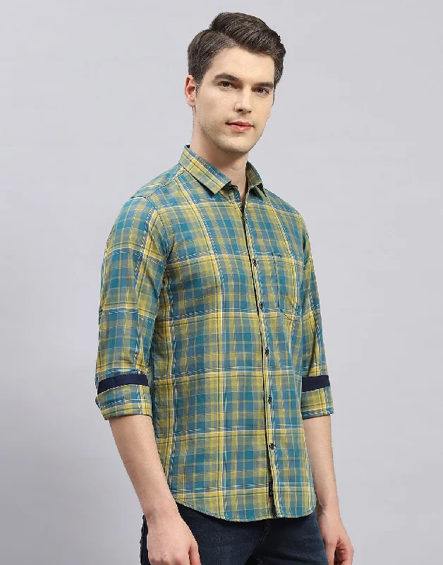 Men Yellow Check Collar Full Sleeve Shirt