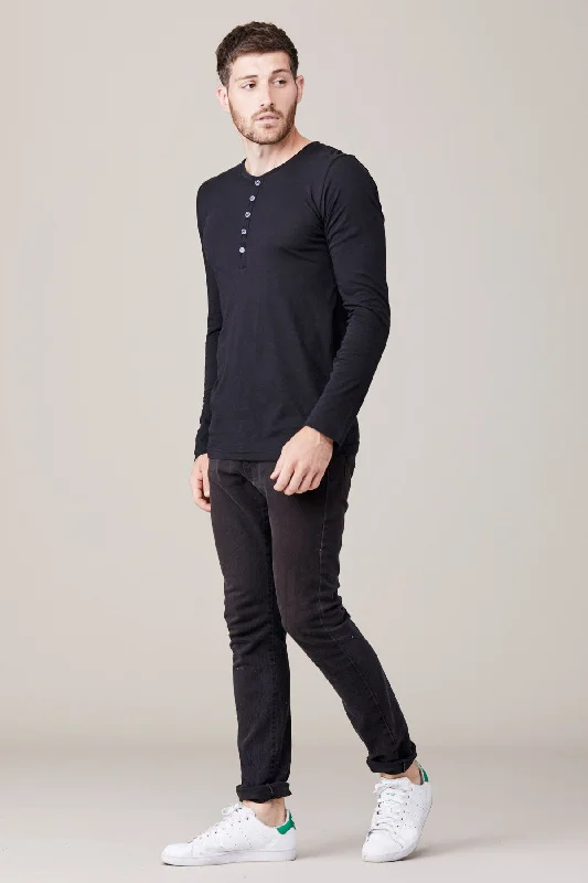 Men's Long Sleeve Button Henley - Black