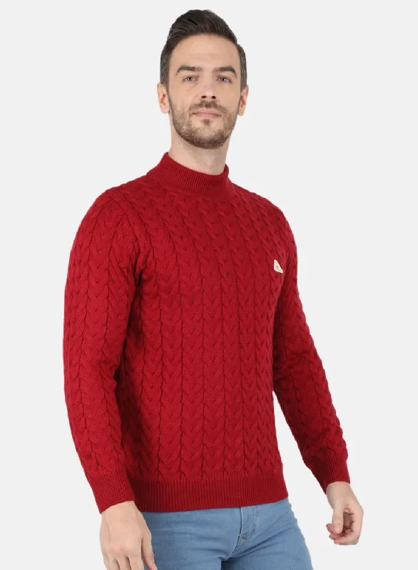 Men Maroon Self Design Pullover