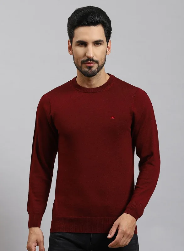 Men Maroon Solid Pure wool Pullover