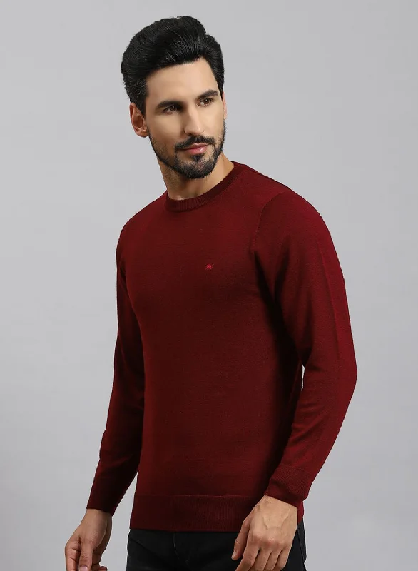 Men Maroon Solid Pure wool Pullover