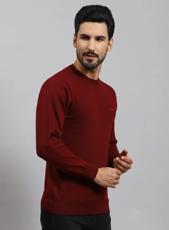 Men Maroon Solid Pure wool Pullover