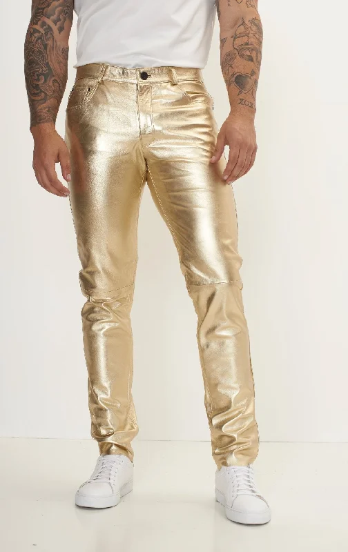 Genuine Lambskin Leather Pants - Gold