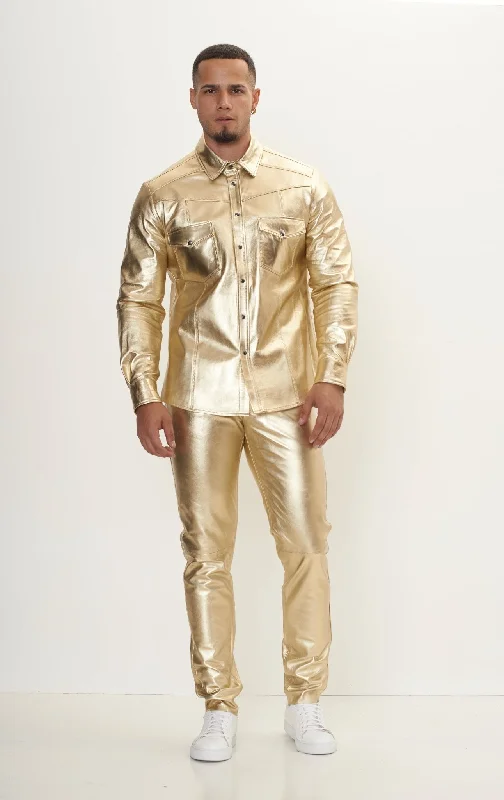 Genuine Lambskin Leather Pants - Gold