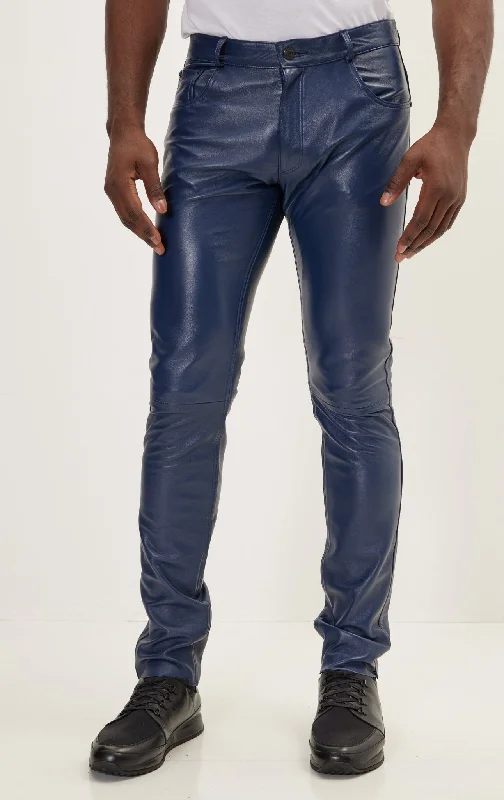 Genuine Lambskin Leather Pants - Navy