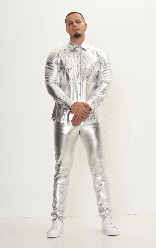 Genuine Lambskin Leather Pants - Silver