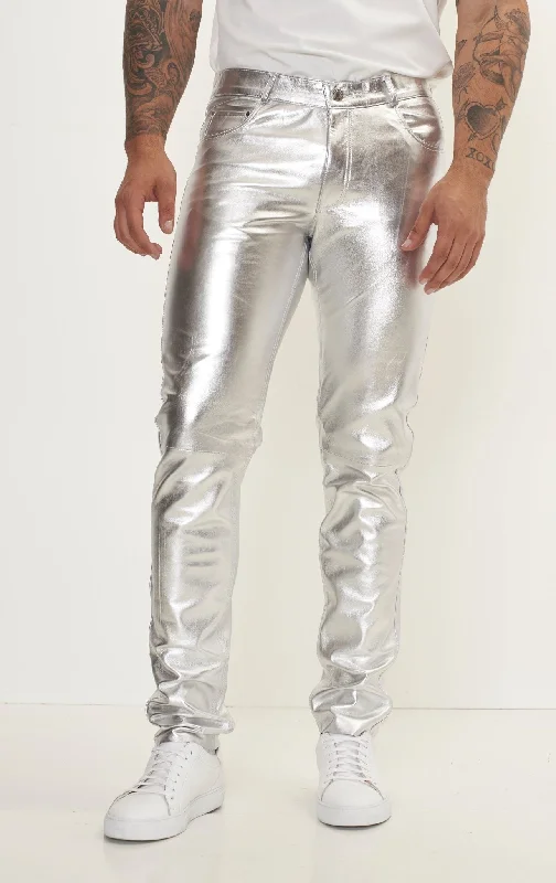 Genuine Lambskin Leather Pants - Silver