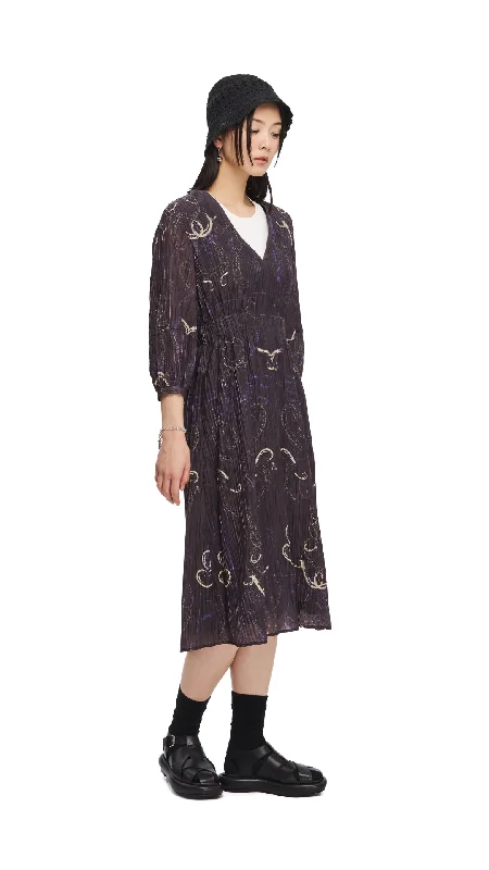 French Curve Ruler Print Puff-Sleeves Dress