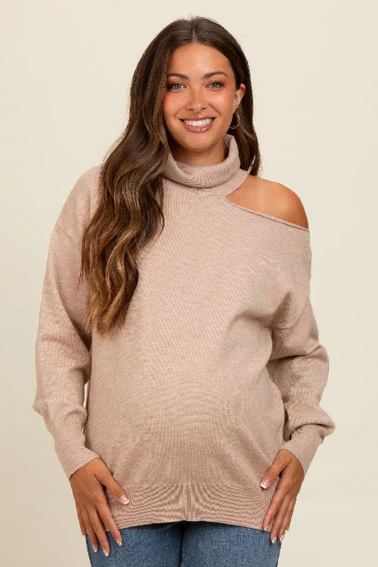 Beige Cold Shoulder Turtle Neck Maternity Sweater