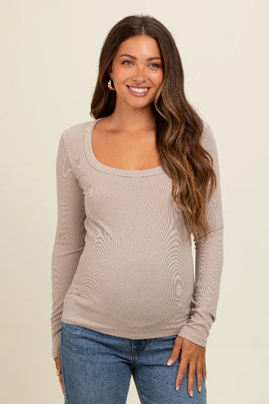 Beige Ribbed Square Neck Long Sleeve Maternity Top