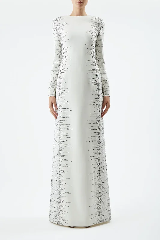 Bianca Embroidered Dress in Ivory Silk Wool Cady