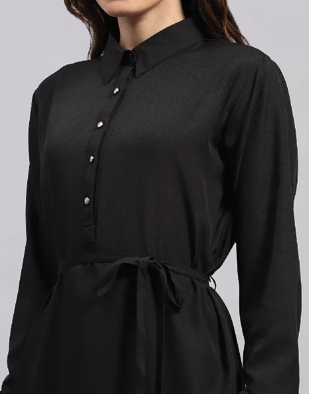 Women Black Solid Collar Full Sleeve Tunic