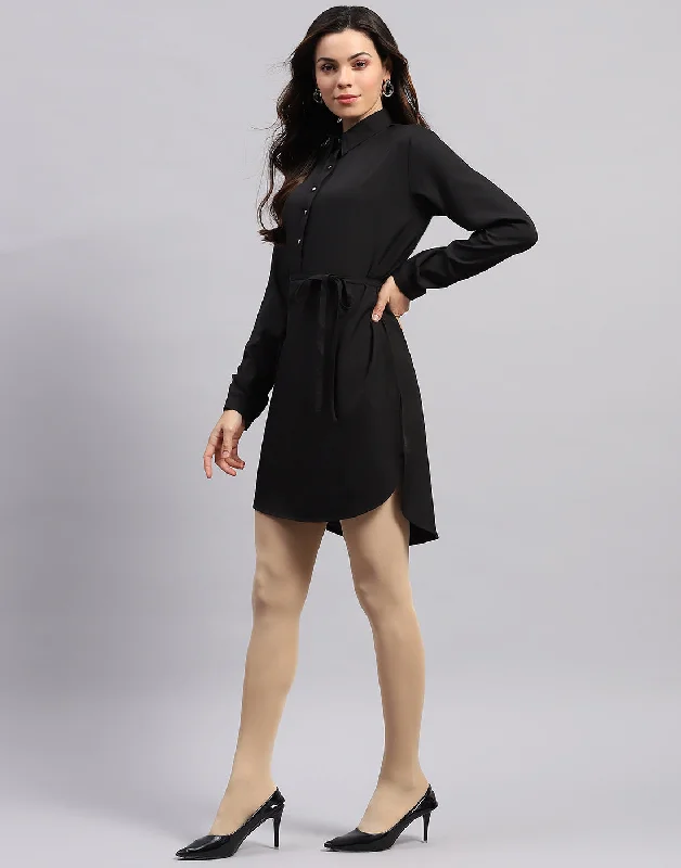 Women Black Solid Collar Full Sleeve Tunic