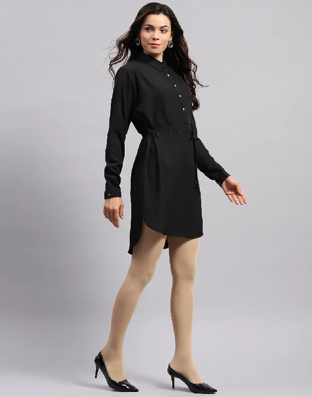 Women Black Solid Collar Full Sleeve Tunic