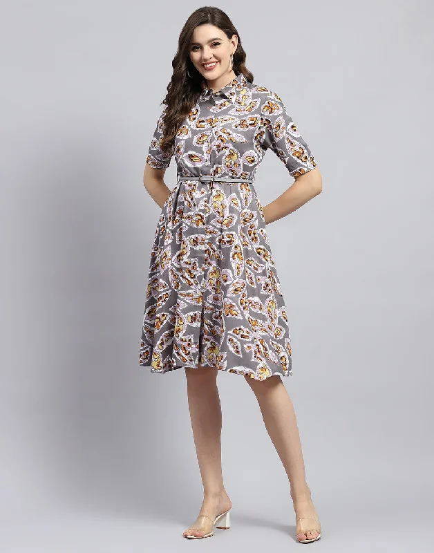 Women Grey Printed Collar Half Sleeve Dress