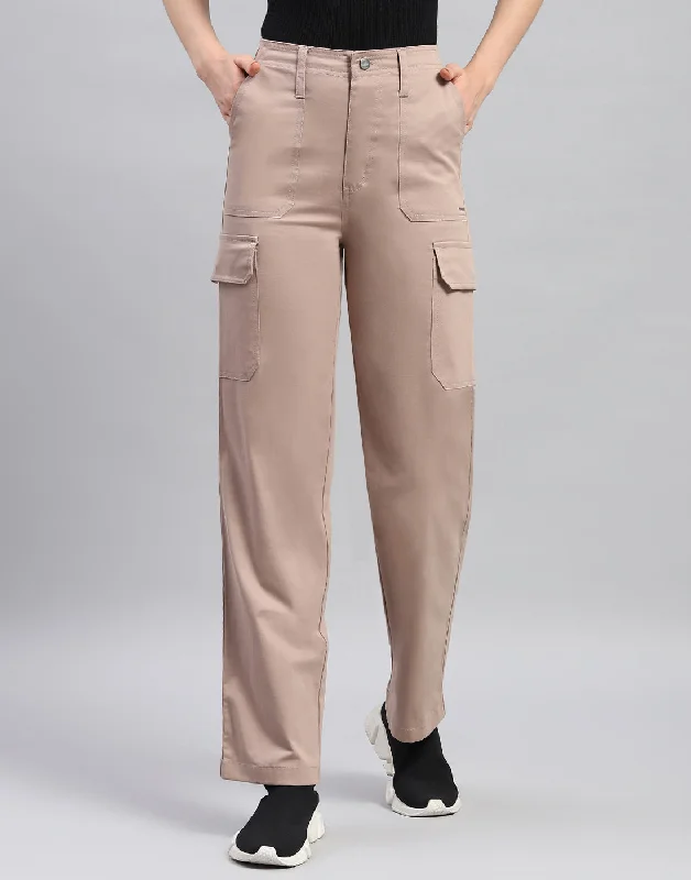 Women Khaki Solid Straight Fit Trouser