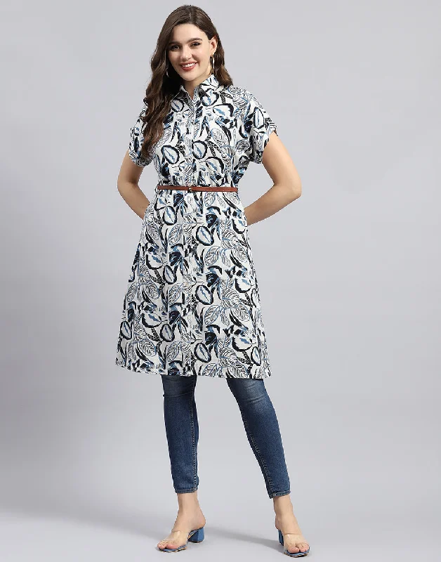 Women Navy Blue Printed Collar Half Sleeve Tunic