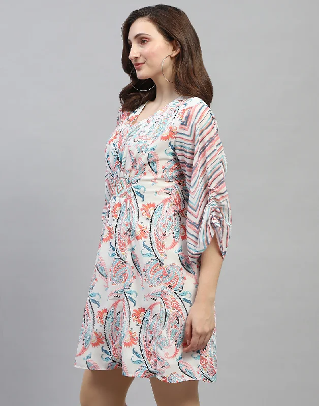 Women Off White Printed V Neck 3/4 Sleeve Dress