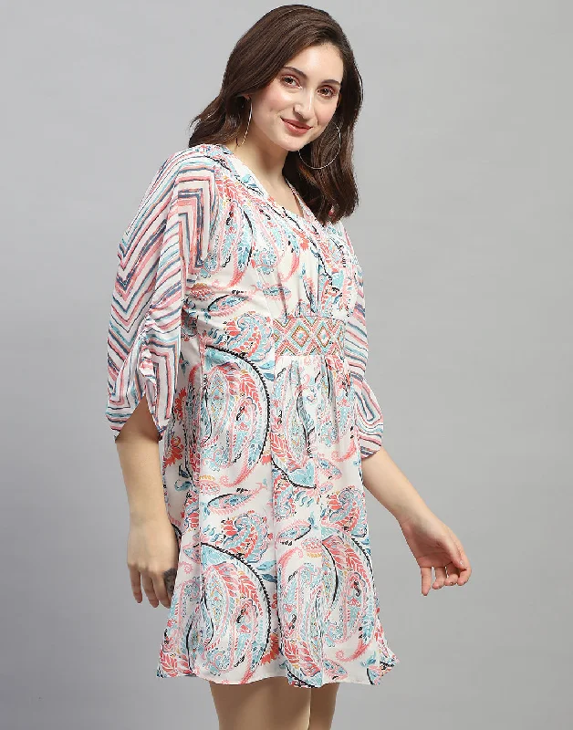 Women Off White Printed V Neck 3/4 Sleeve Dress