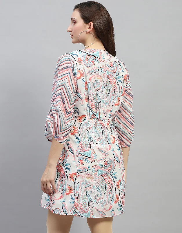 Women Off White Printed V Neck 3/4 Sleeve Dress