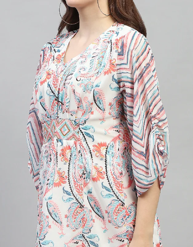 Women Off White Printed V Neck 3/4 Sleeve Dress