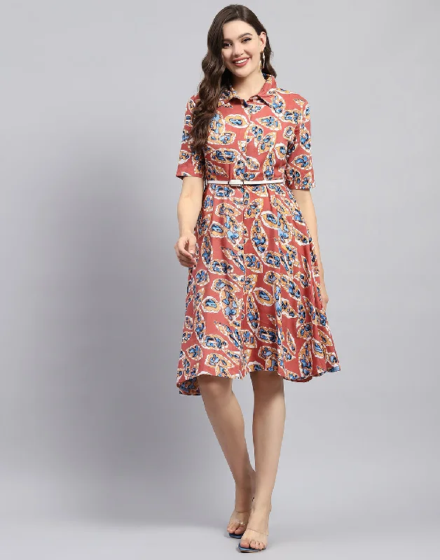 Women Peach Printed Collar Half Sleeve Dress