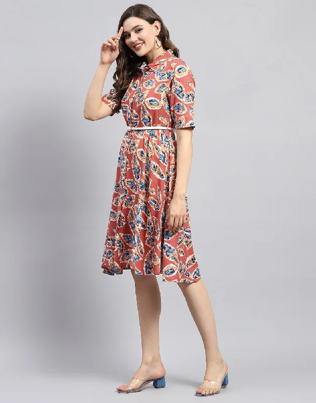 Women Peach Printed Collar Half Sleeve Dress