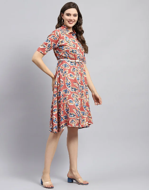 Women Peach Printed Collar Half Sleeve Dress