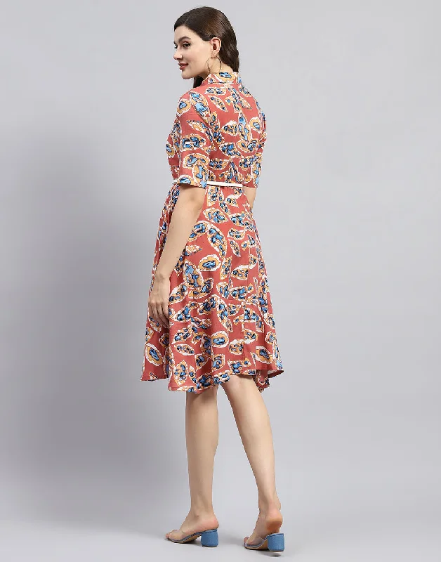 Women Peach Printed Collar Half Sleeve Dress