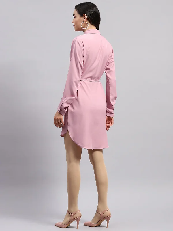 Women PINK Solid Collar Full Sleeve Tunic