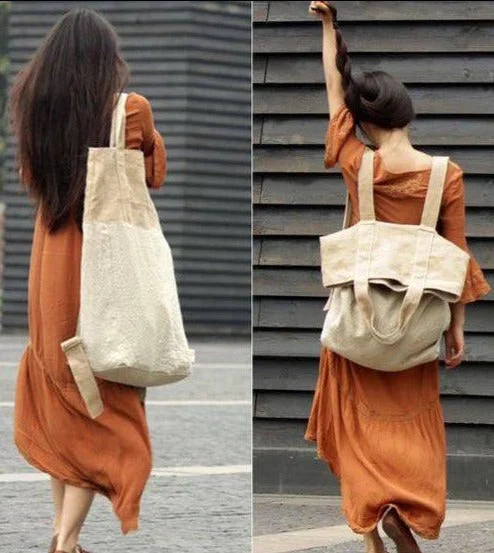 Beige White Patchwork Large Canbas-linen Backpack-shoulder Bag