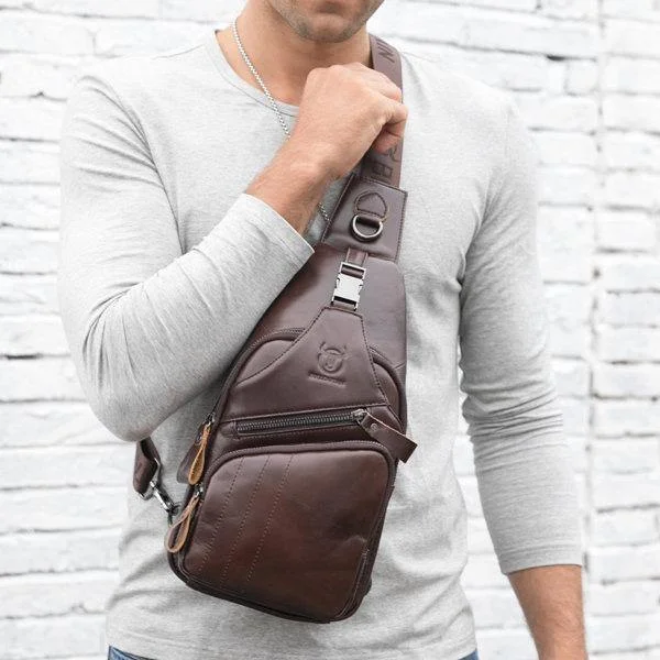 Coffee Genuine Leather Large Size Chest Bag Sling Bag Single-shoulder Crossbody Bag For Men