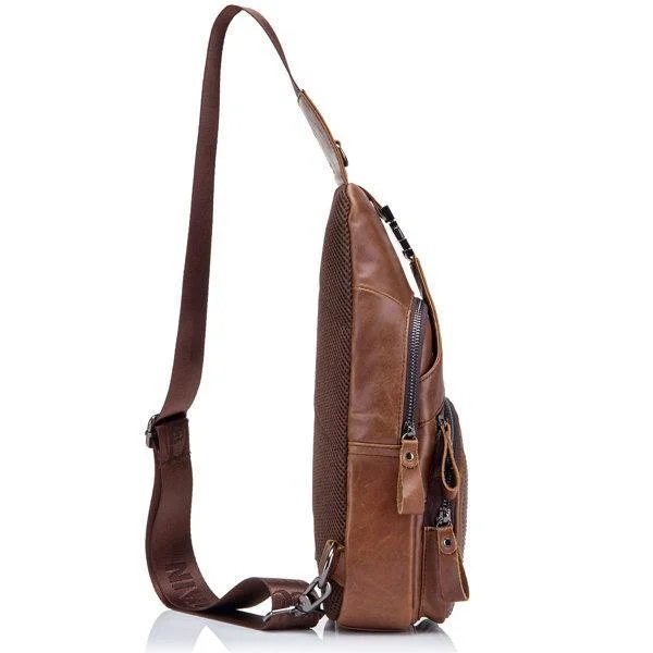 Coffee Genuine Leather Large Size Chest Bag Sling Bag Single-shoulder Crossbody Bag For Men