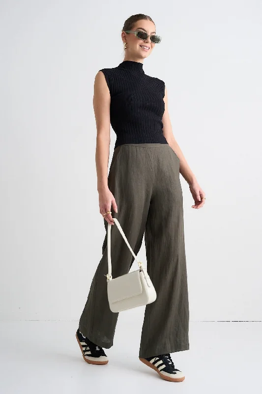 Freedom Dark Olive Linen Flat Front  Deep Waistband Wide Leg Pant