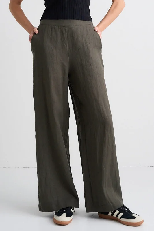 Freedom Dark Olive Linen Flat Front  Deep Waistband Wide Leg Pant