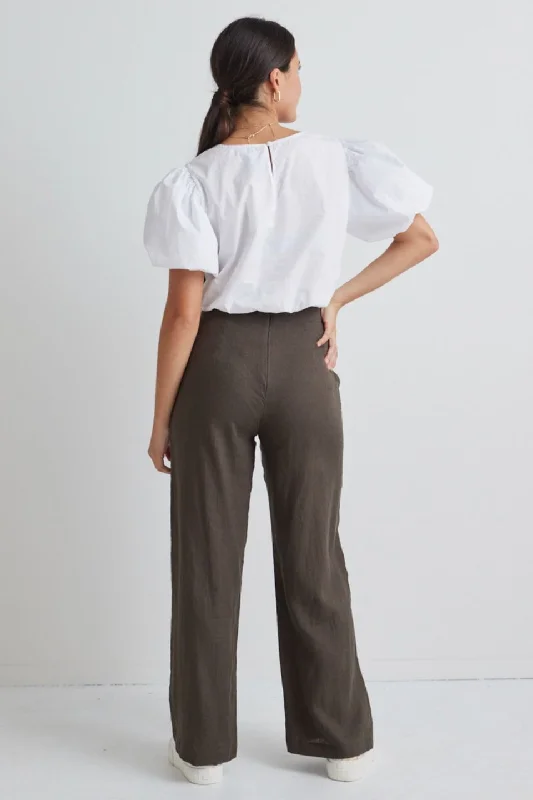 Freedom Dark Olive Linen Flat Front  Deep Waistband Wide Leg Pant