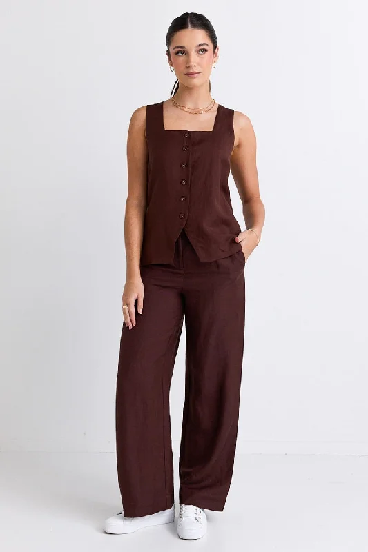 Island Chocolate Linen Pleat Front Wide Leg Pant