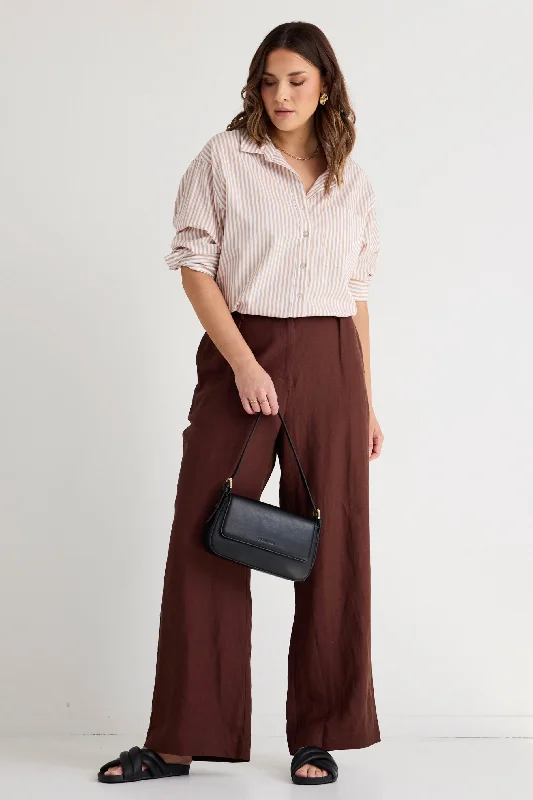 Island Chocolate Linen Pleat Front Wide Leg Pant