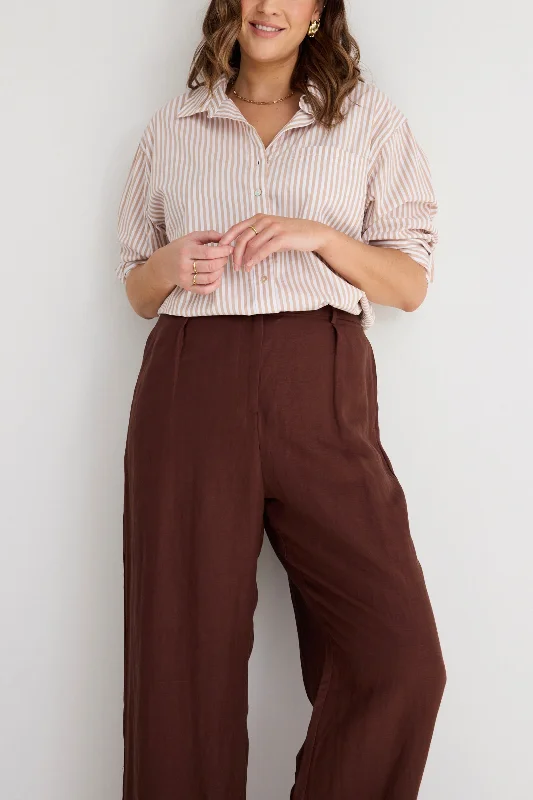 Island Chocolate Linen Pleat Front Wide Leg Pant