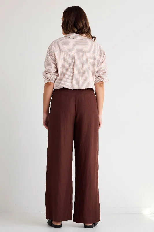 Island Chocolate Linen Pleat Front Wide Leg Pant