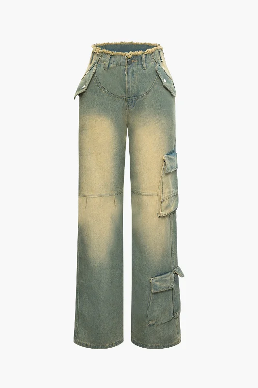 High Waisted Distressed Straight Leg Cargo Jeans