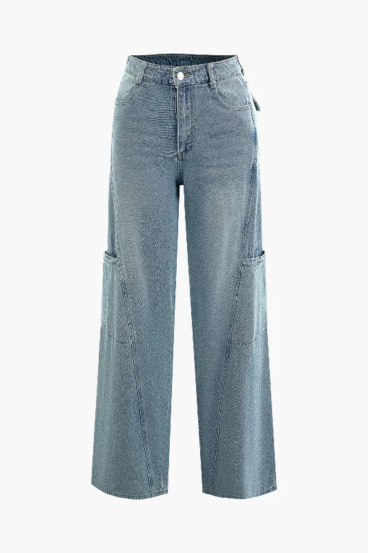 High Waist Side Pocket Straight Leg Jeans