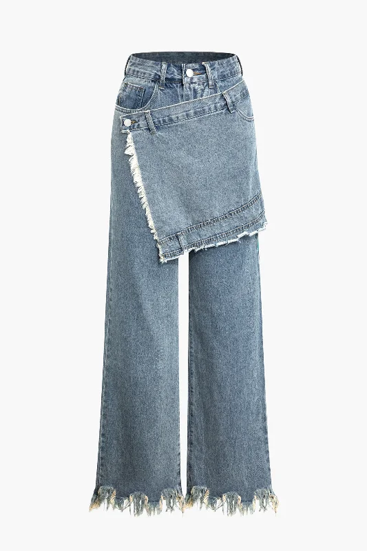 Wrap Frayed Hem Denim Wide Leg Pants