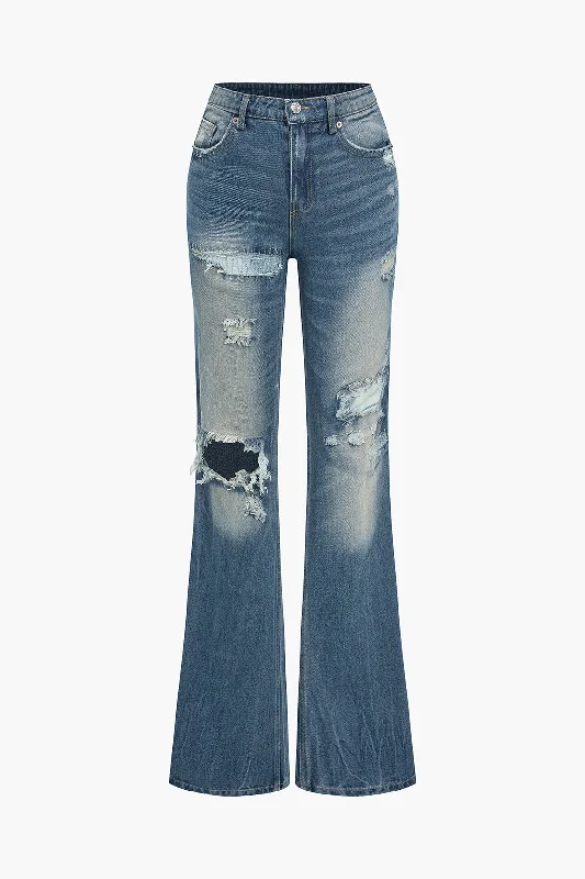 Solid Denim Ripped High-Waisted Jeans